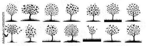 Black silhouette trees with butterflies and birds butterfly