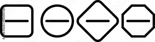 Minus remove icon set , stop sign. Graphic symbol for subtraction, removal, negative, or do not enter concept. horizontal line, dash inside a circle in outline and solid for delete actions, Minus Sign