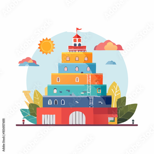 A whimsical, multi-story building with colorful levels, ladders, and clouds in a playful, cartoonish style