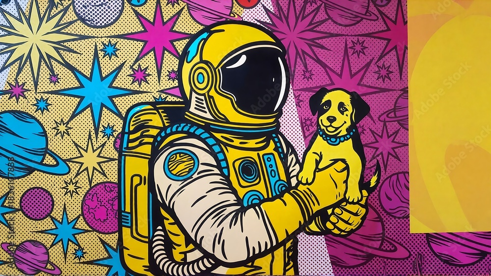 Obraz premium Vibrant pop art astronaut holding happy puppy against colorful cosmic background with planets and stars