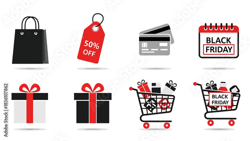 Vector icon set for a major sales event and holiday shopping, featuring discount tags, gift boxes, and shopping carts