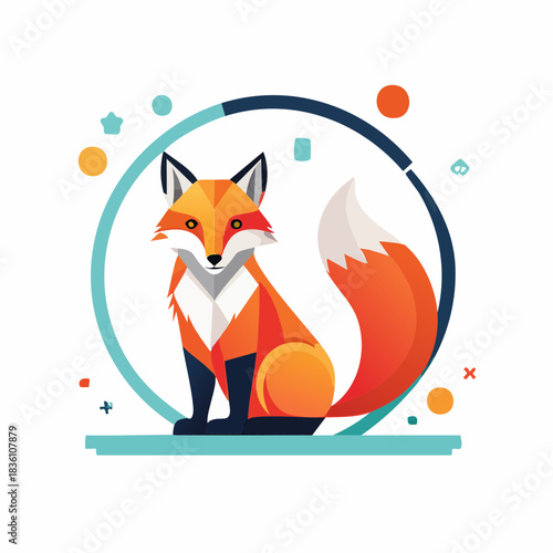 Vibrant Fox Illustration Geometric Design with Orange, White, and Black Colors in a Circular Frame