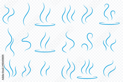 Smoke steam icon vector logo set. Smoke smell, steam aroma heat icon illustration. Hot vapor fire doodle line logo. Hit stink, coffee, fragrance flame elements. Smoke steam icon set. Wind icon graphic