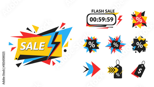 Vibrant Collection of E-commerce Sale and Discount Badges, Modern Price Tags, and Promotional Marketing Graphics for Online Shopping Campaigns