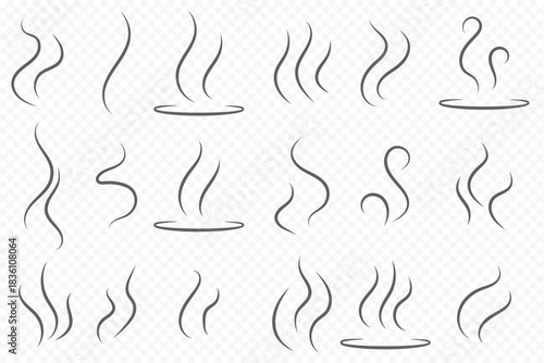 Smoke steam icon vector logo set. Smoke smell, steam aroma heat icon illustration. Hot vapor fire doodle line logo. Hit stink, coffee, fragrance flame elements. Smoke steam icon set. Wind icon graphic