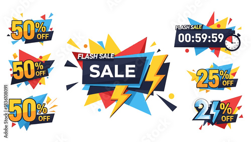 Flash Sale Promotion Graphics Discount Badges and Countdown Timer for Limited Time Offers