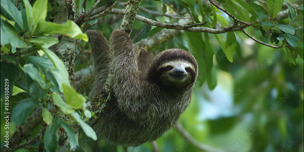 Naklejka premium Majestic Sloth Suspended in Serene Jungle Habitat, Captivating Natural Wonder Showcased in Stunning Photograph