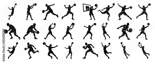 basketball player silhouettes in dynamic poses on white