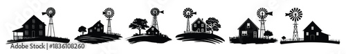 windmill and farmhouse silhouette set 