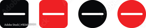 Minus remove icon set , stop sign. Graphic symbol for subtraction, removal, negative, or do not enter concept. horizontal line, dash inside a circle in outline and solid for delete actions, Minus Sign