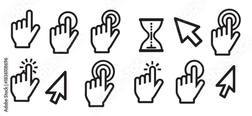 black computer cursor arrow and hand pointer icons with