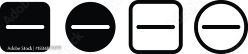 Minus remove icon set , stop sign. Graphic symbol for subtraction, removal, negative, or do not enter concept. horizontal line, dash inside a circle in outline and solid for delete actions, Minus Sign