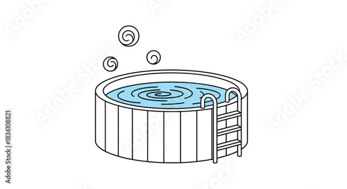 An inviting illustration of a circular hot tub filled with swirling blue water, featuring a practical side ladder and steam rising.
