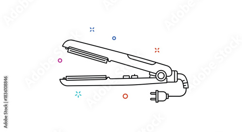 A minimalist line art illustration of an open electric hair straightener with its power cord and plug, representing modern hair styling tools.