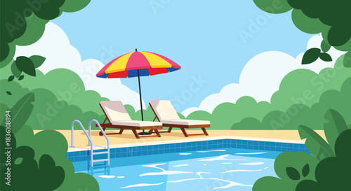 A tranquil outdoor swimming pool scene with comfortable lounge chairs and a colorful umbrella, surrounded by vibrant green foliage under a sunny blue sky.