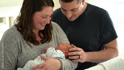 Parents lovingly admire newborn baby in a bright home setting