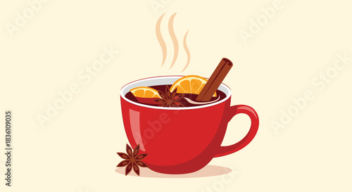 Warm and inviting mulled wine in a vibrant red mug, featuring citrus slices, a cinnamon stick, and star anise, with steam rising for a comforting feel.