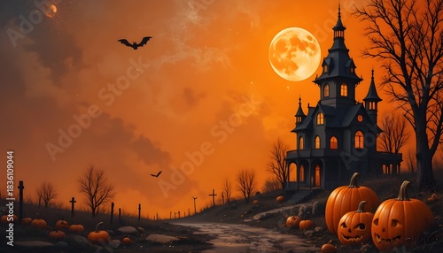 Orange Halloween Background with Full Moon and Pumpkin Illustration Design