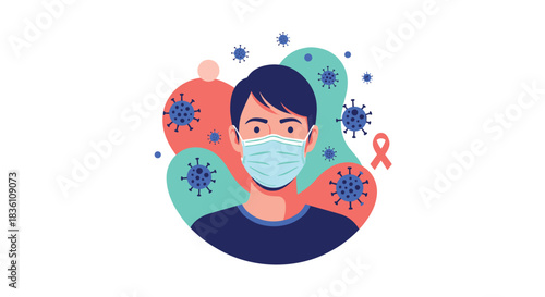 Man wearing a medical face mask amidst coronavirus particles and a red awareness ribbon, symbolizing health protection and public awareness during a pandemic.