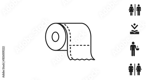A minimal vector illustration featuring a toilet paper roll and a stack of various universal pictograms for facilities and human activities.
