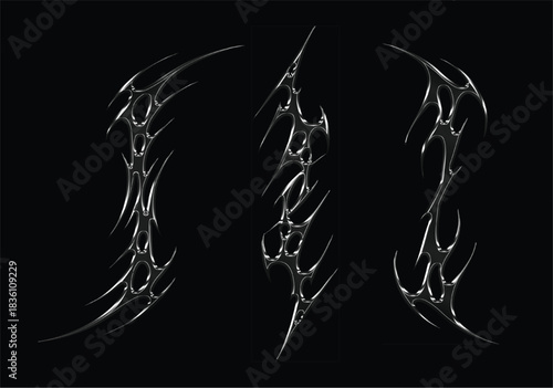 Set pack chrome metal of y2k tribal gothic sigilism tatto. Flame shape in liquid mercury. 3d illustration of abstract neo tribal cyber sigil metallic melted modern burn form, design element.