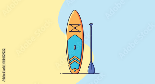 Colorful flat design illustration featuring a stand-up paddleboard and paddle, perfect for conveying summer recreation and outdoor aquatic activities.