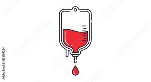A sterile medical blood bag containing red blood cells, indicating a transfusion or donation, with a single drip falling from the tube.