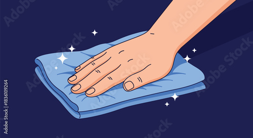 A human hand cleaning a dark blue surface with a blue microfiber cloth, leaving it sparkling clean and polished.