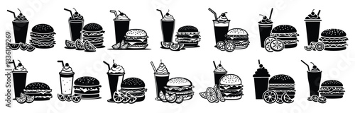 Black silhouette burgers and milkshakes with citrus slices