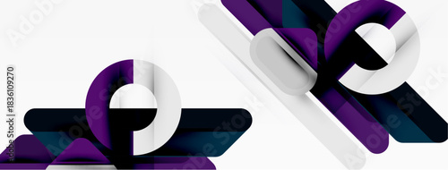 Abstract design features purple, white shapes. Dynamic composition suggests movement, connection, modern aesthetic. Clean lines, geometric forms present.