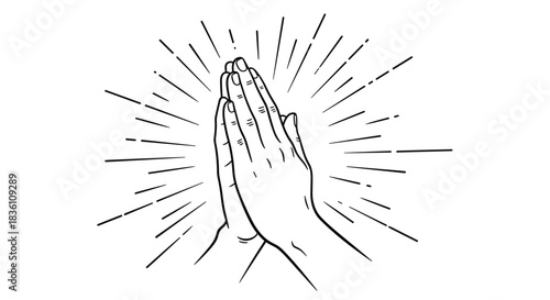A stylized illustration of praying hands surrounded by radiating light rays, symbolizing faith, hope, spiritual devotion, and reverence.