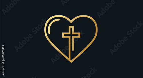 A stylized golden outline of a heart encompassing a Christian cross, symbolizing faith, love, and devotion on a dark background.