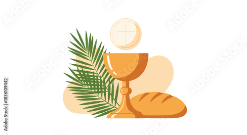 A symbolic depiction of Christian sacraments, featuring a golden chalice, eucharistic host, bread, and palm branches.