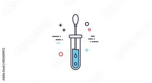 Modern flat design illustration of a test tube with a blue liquid and a dropper, representing scientific research or medical analysis.