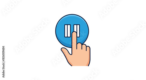 A cartoon hand is pressing a blue circular pause button, indicating a temporary stop or break in an activity or media playback.