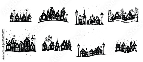 Black silhouette winter village scenes with snow and streetlights