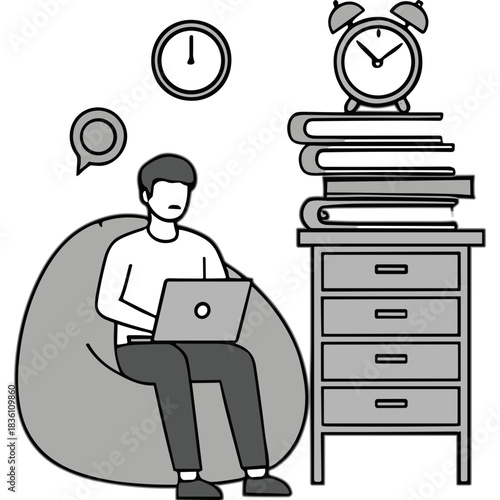 Young Man Working Remotely on Laptop Sitting in Beanbag Chair Next to Stack of Books and Alarm Clock Studying Late Night at Desk with Minimalist Illustration Style and Subtle Gray Tones