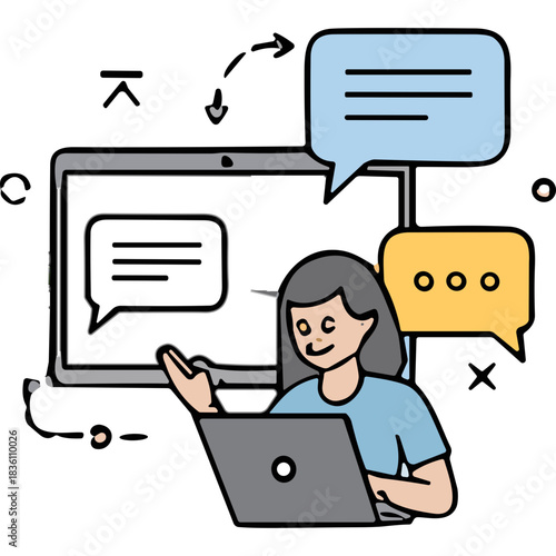 Young woman smiling while working on a laptop with digital chat bubbles and a tablet screen displaying messages in a minimalist flat design style