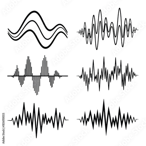 Diverse sound wave illustrations depicting audio signals and frequency patterns.