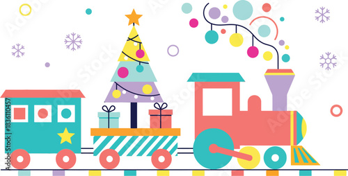 Whimsical christmas train adorned with festive lights and a decorated evergreen tree carrying gifts chugging along on a snowy winter day with snowflakes falling gently