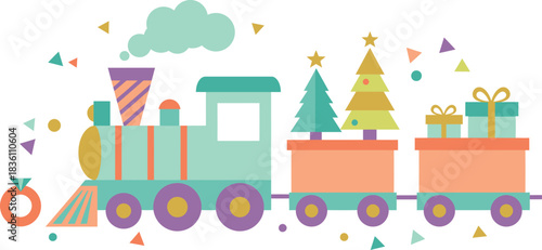 Whimsical cartoon illustration of a festive christmas train carrying decorated evergreen trees and brightly wrapped presents through a snowy landscape with falling confetti