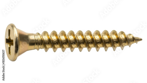 Gold screw isolated PNG on transparent background, metal fastener with thread for woodworking and construction projects