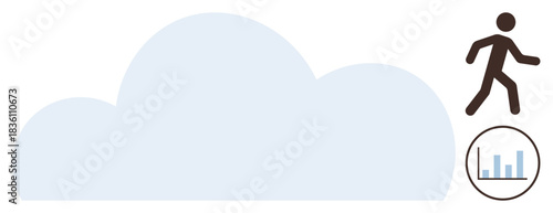 Cloud illustration with a person stepping forward and small bar chart. Ideal for technology, innovation, progress, analytics, cloud computing, networking, leadership. Simple flat metaphor