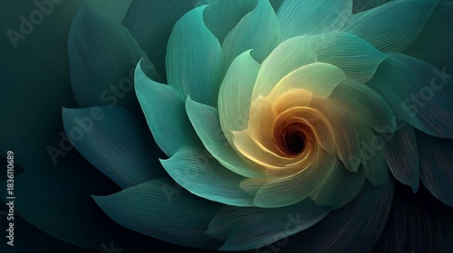 Abstract teal and gold flower with flowing lines and a captivating central swirl