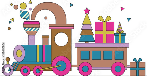 Whimsical colorful cartoon christmas train loaded with festive gifts and decorated trees ready to deliver holiday cheer and presents during the winter season celebration