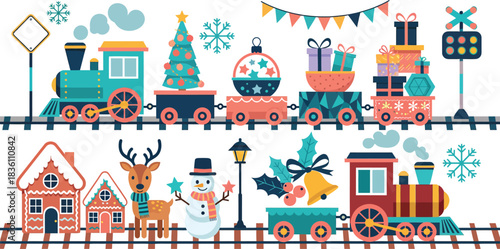 Whimsical christmas train with festive decorations including gifts trees snowmen reindeer and charming village houses perfect for holiday greetings and winter celebrations
