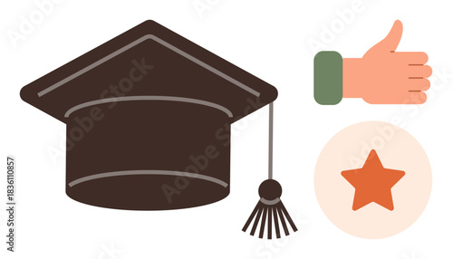 Graduation cap, thumbs-up, and star. Ideal for education, success, achievement, motivation, excellence recognition personal growth. A simple flat metaphor