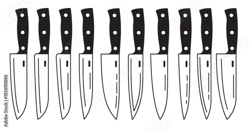 collection of black and white chef knives with riveted handles