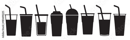 eight black silhouette drink cups with straws various sizes