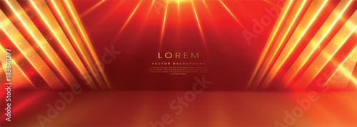 Elegant red stage with gold diagonal glowing lighting effect and sparkle. Template premium award design.